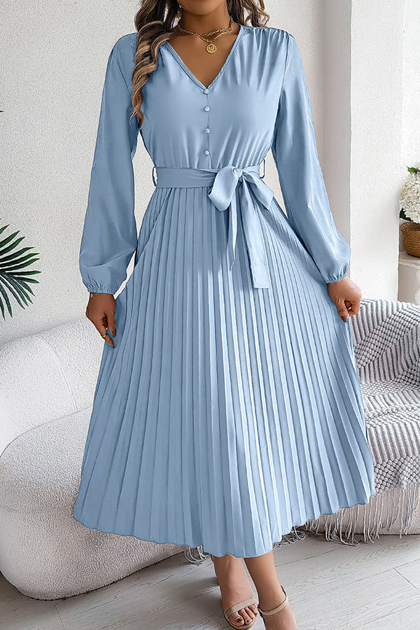 Solid Color Elegant V-neck Buttoned Lace-up Pleated Maxi Dress - View 2