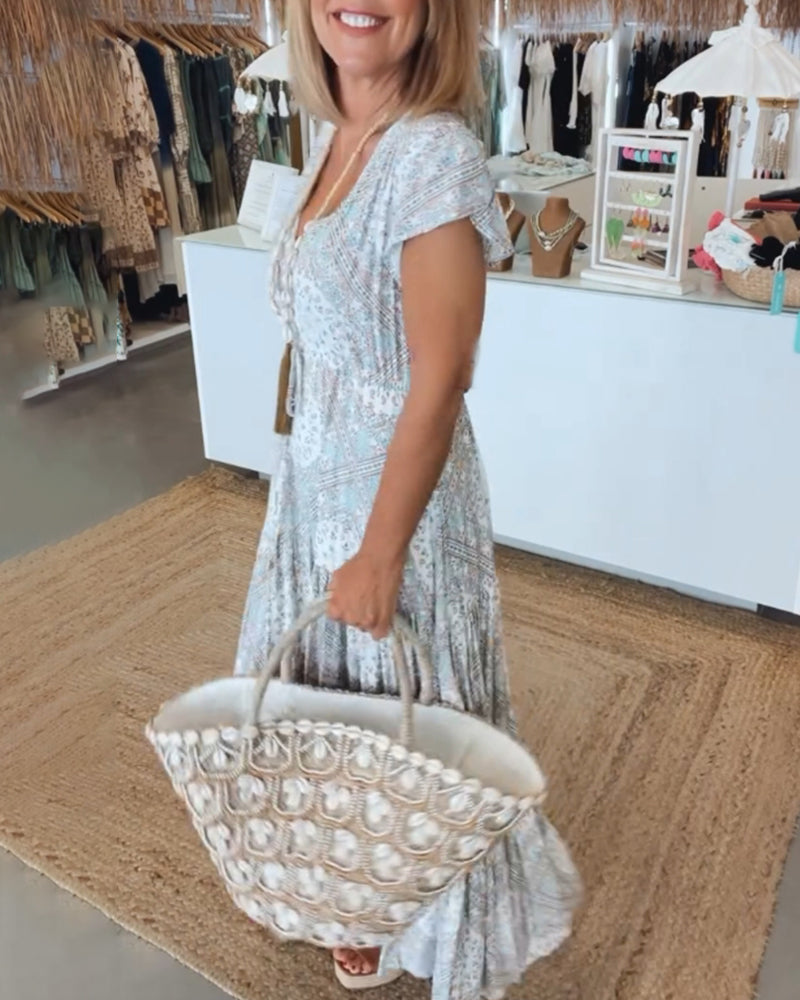 V-Neck Flutter Sleeve Buttoned Tiered Boho Maxi Dress