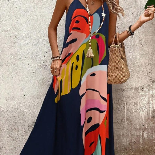 Abstract Leaf Print Spaghetti Strap V-Neck Slip Maxi Dress 2