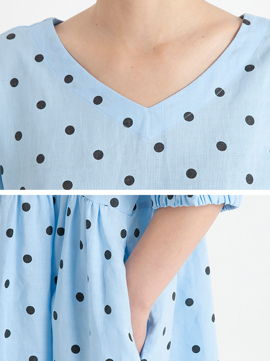 Polka Dot V-Neck Puff Sleeve Empire Waist Midi Dress