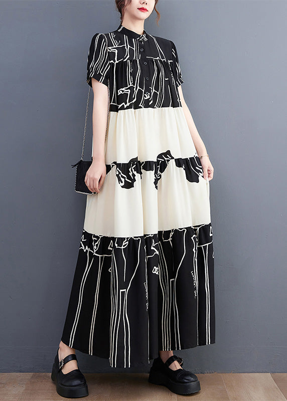 Graphic Print Tiered Mandarin Collar Short Sleeve Button Front Maxi Dress