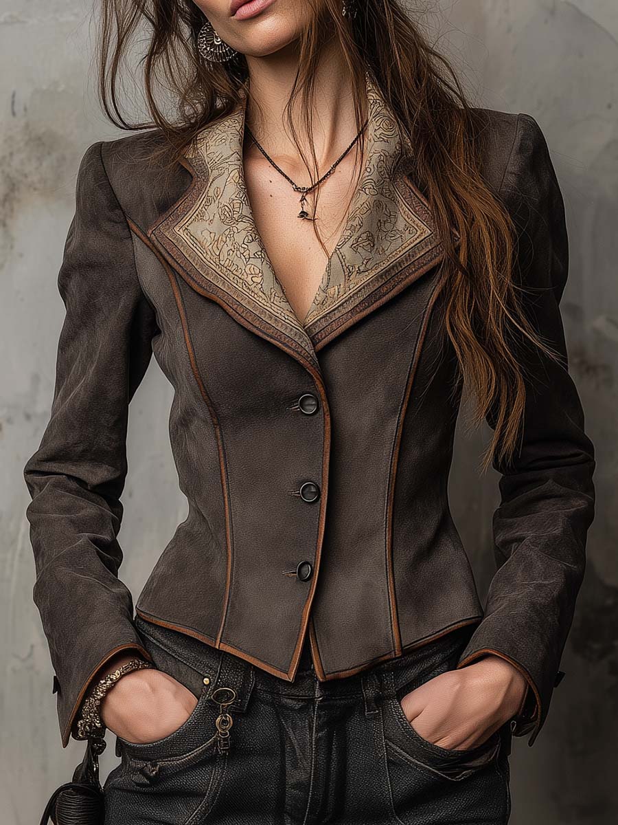 Dark Brown Suede Fitted Blazer With Printed Lapel