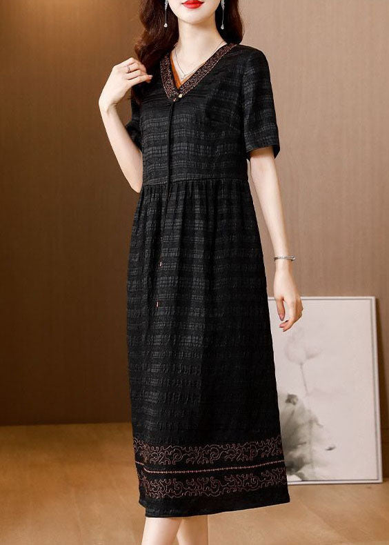 V-Neck Short Sleeve Embroidered Trim Textured Midi Dress