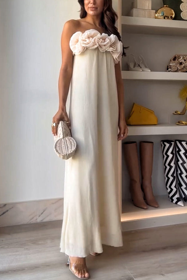 Blooming Flower Applique Elastic Off Shoulder Maxi Dress