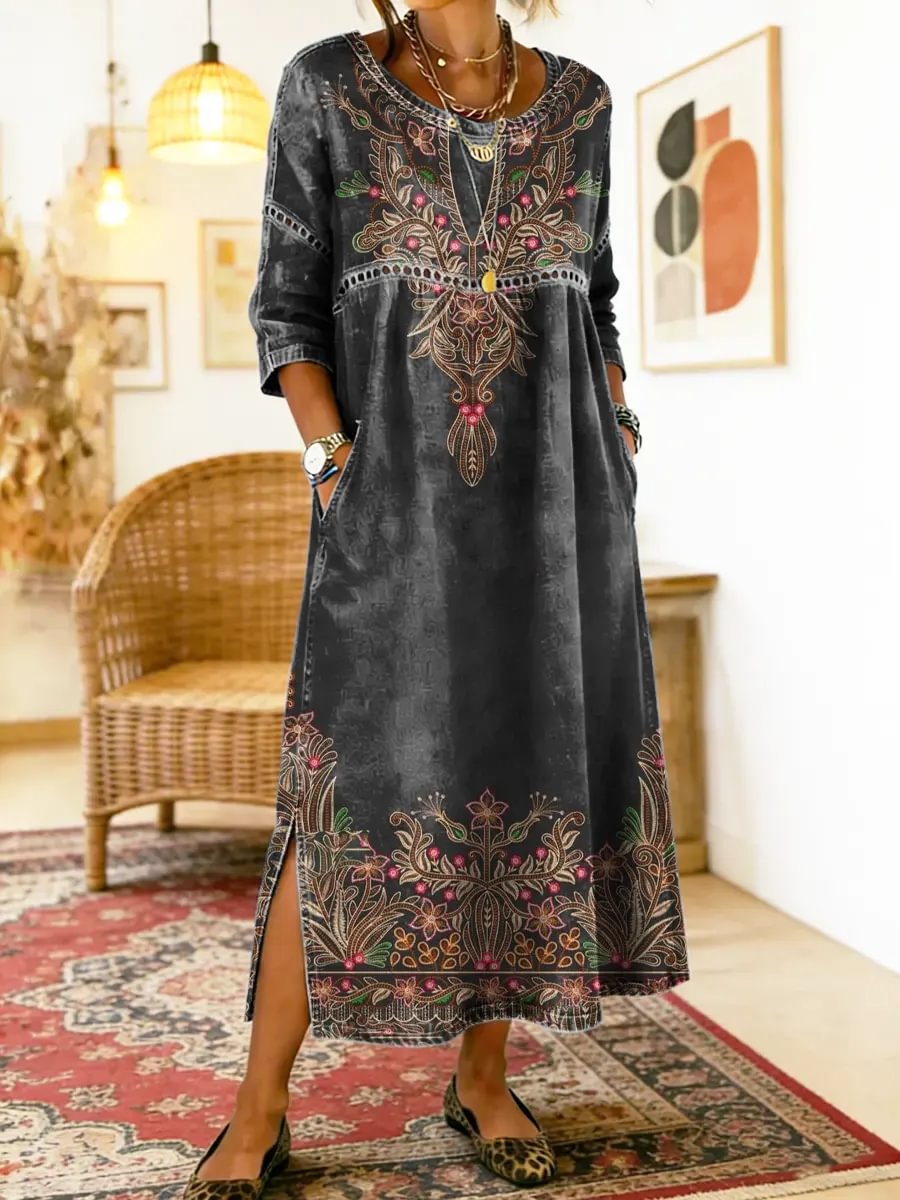 Ornate Print Round Neck Long Sleeve Side Split Pocket Maxi Dress