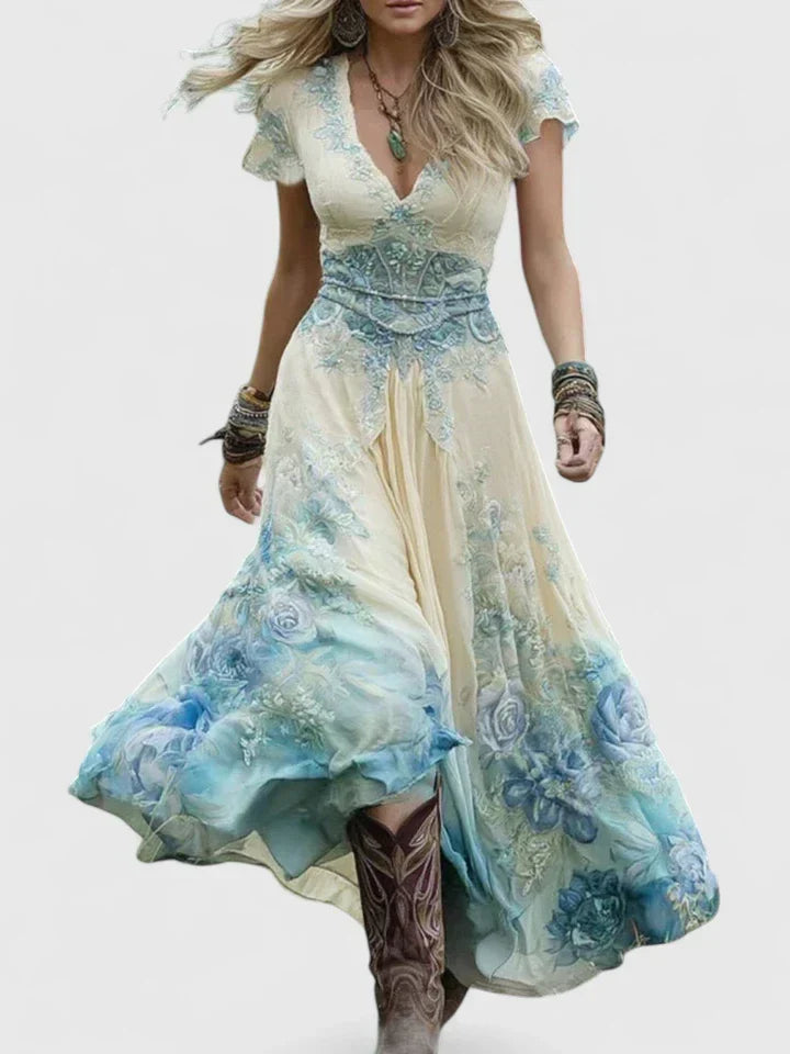 V-Neck Short Sleeve Floral Embellished Waist Maxi Dress