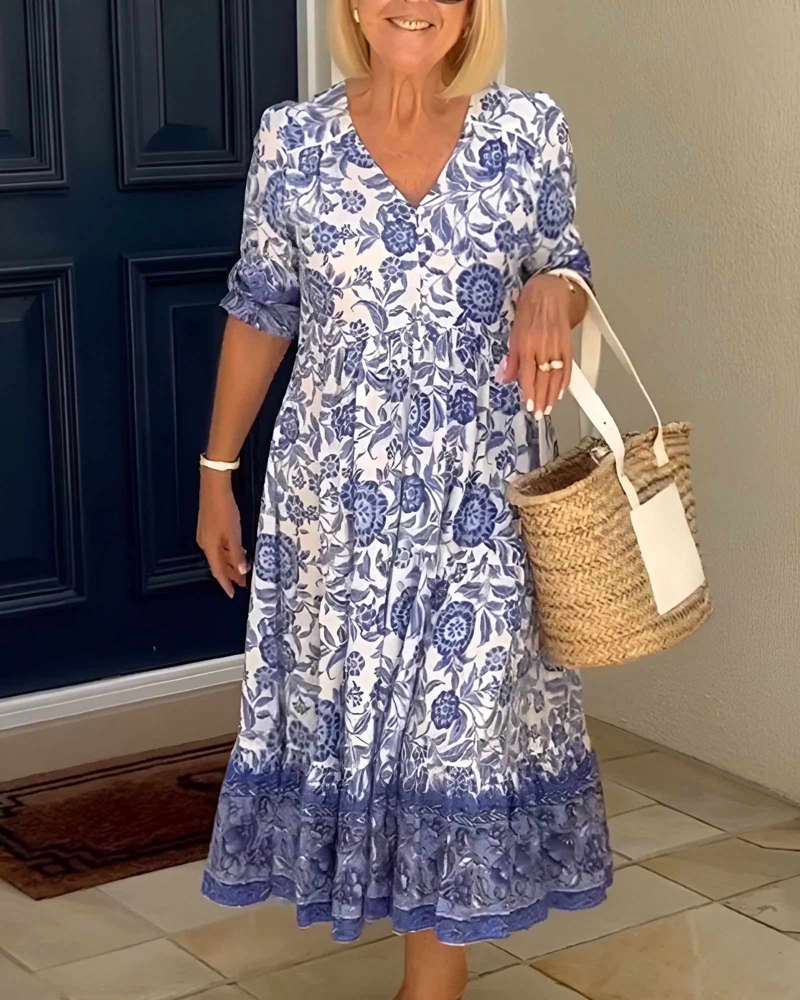 Luna - Elegant Floral V-Neck Dress Blue