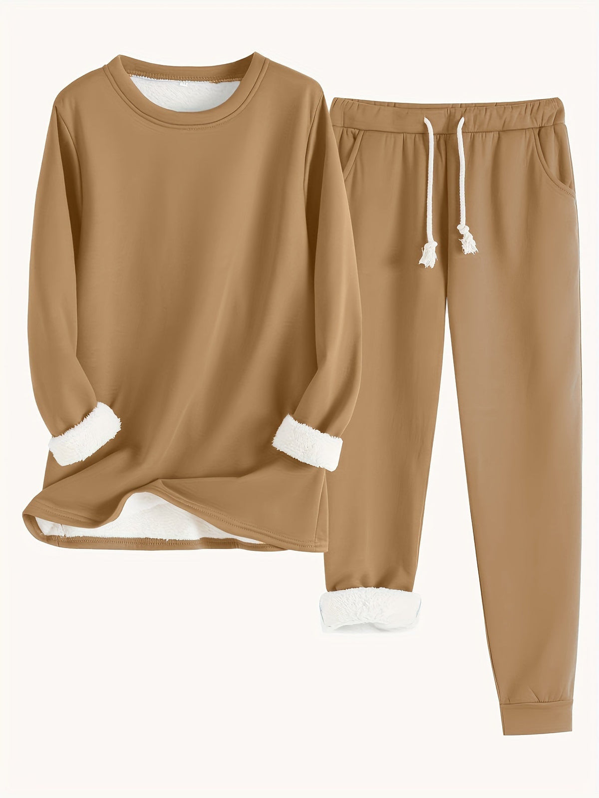 Fleece Lined Crew Neck Top and Jogger Pants Two Piece Set