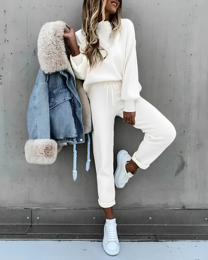Knit Mock Neck Puff Sleeve Drawstring Waist Two Piece Set