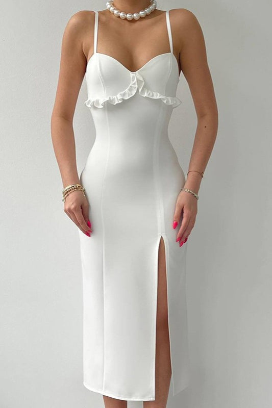 Sweetheart Neck Ruffle Trim Spaghetti Strap Front Split Midi Dress