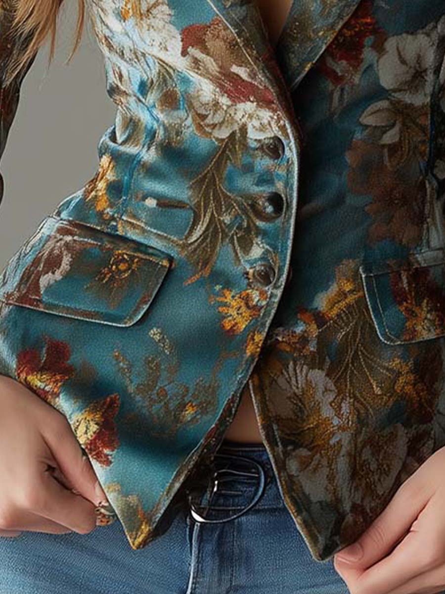 Floral Print Velvet Peak Lapel Blazer