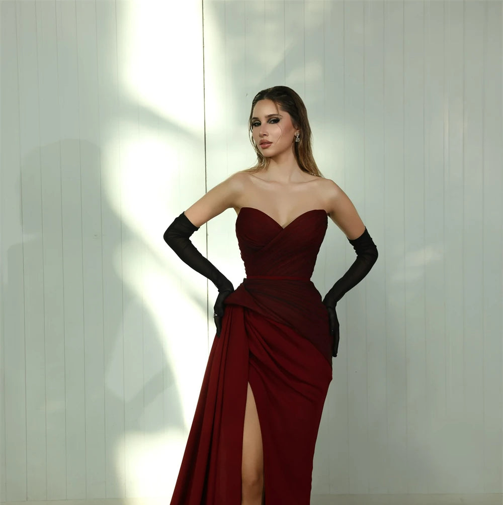Strapless Sweetheart Ruched High Split Mermaid Prom Gown