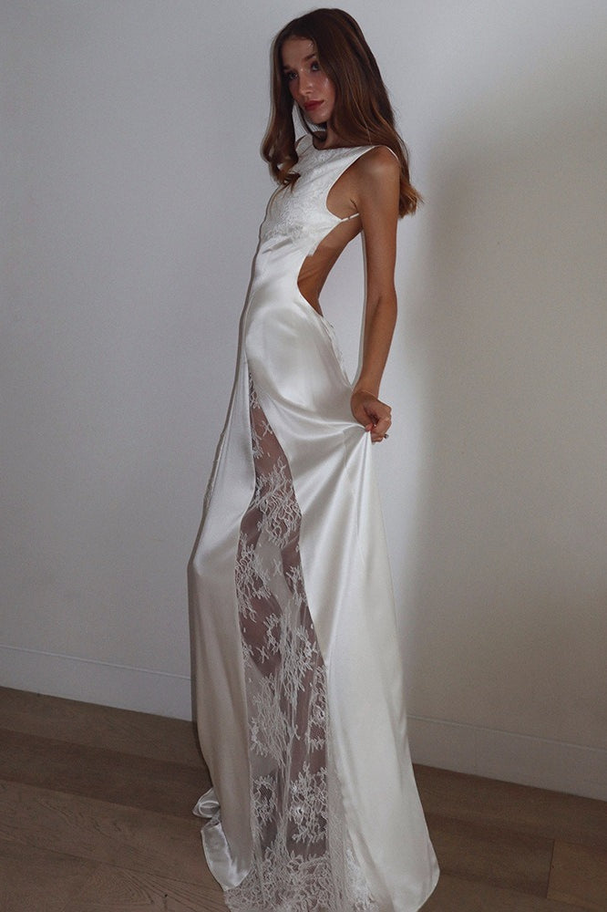 Backless Sheer Elegant Floor Length Lace Dress