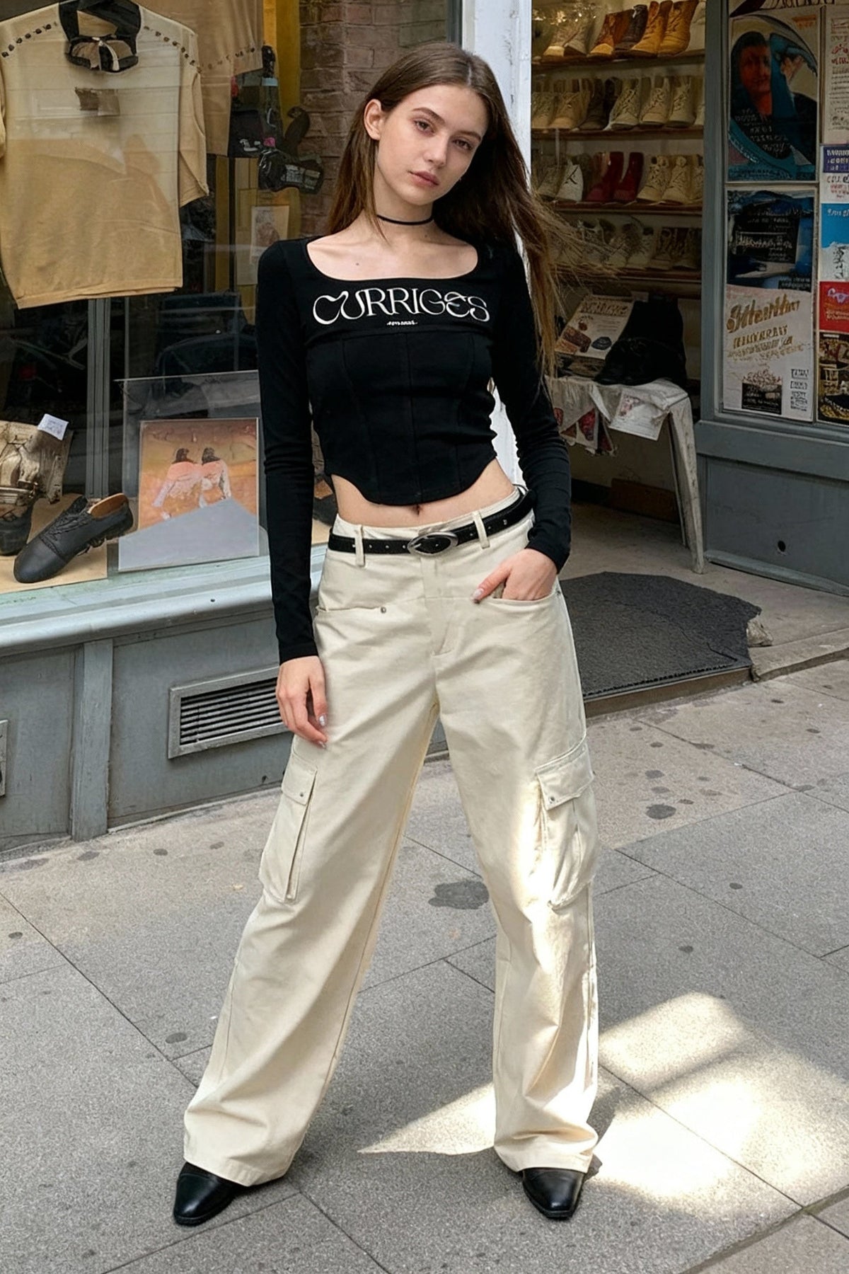 Wide Neck Long Sleeve Letter Print Corset Seam Crop Top 4