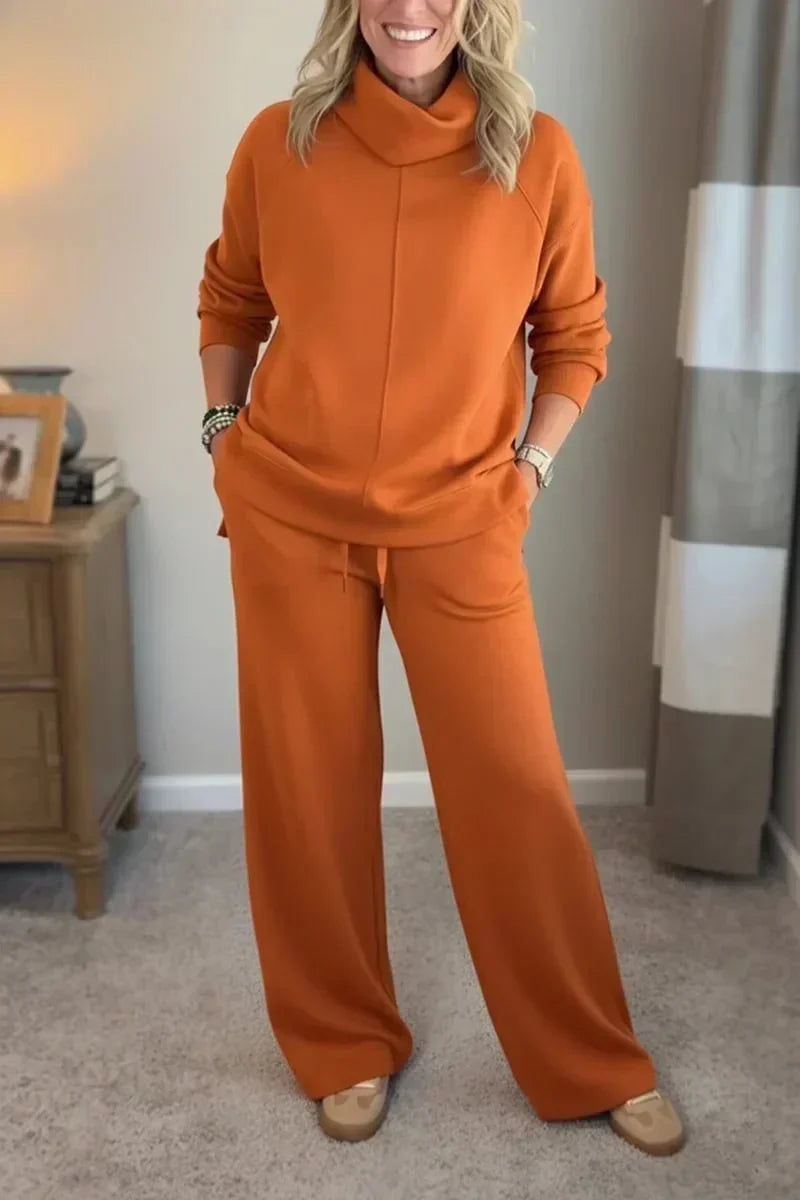 Cowl Neck Long Sleeve Top and Wide Leg Pants Two Piece Set