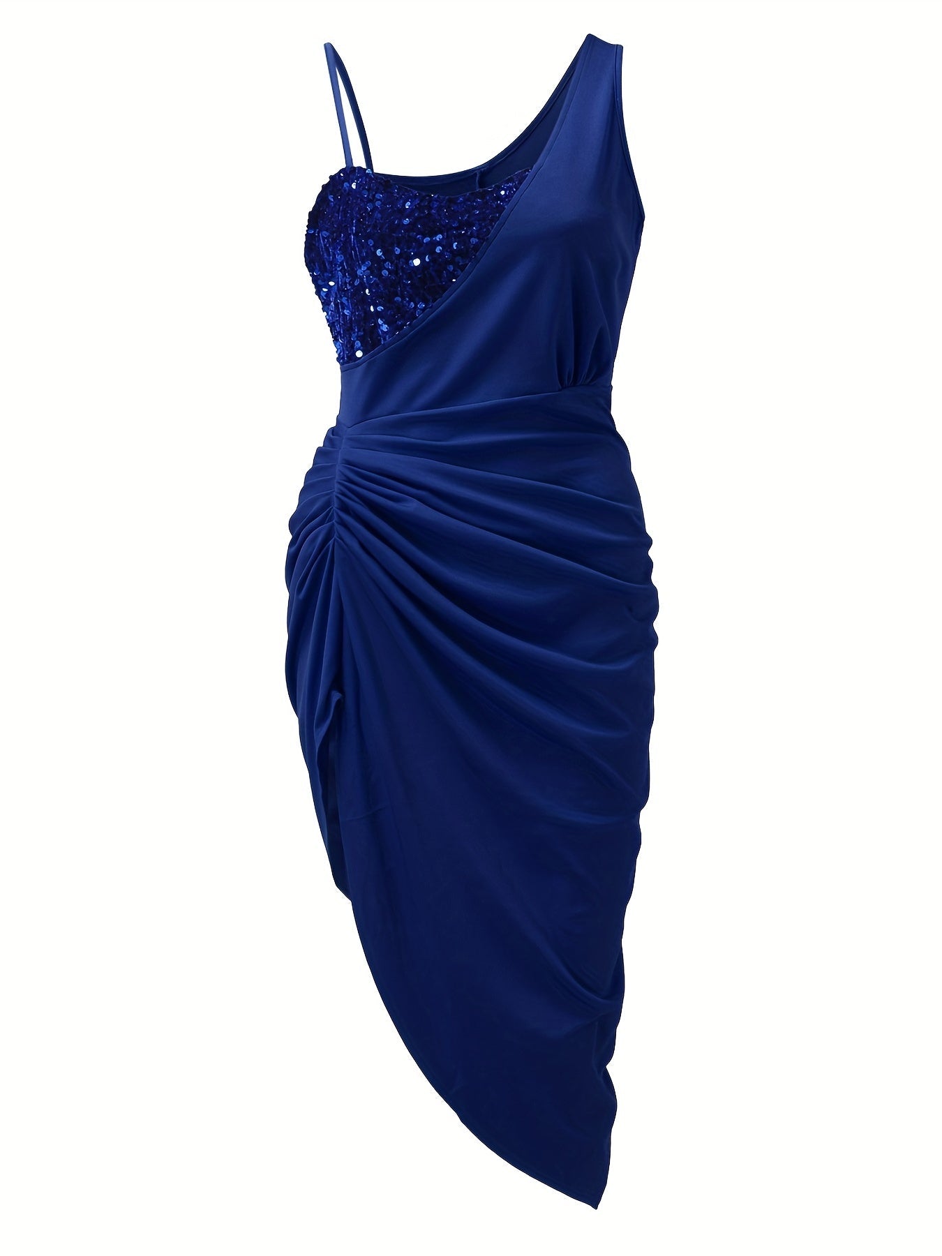 Sequin Panel One Shoulder Asymmetric Ruched Tulip Hem Cocktail Midi Dress