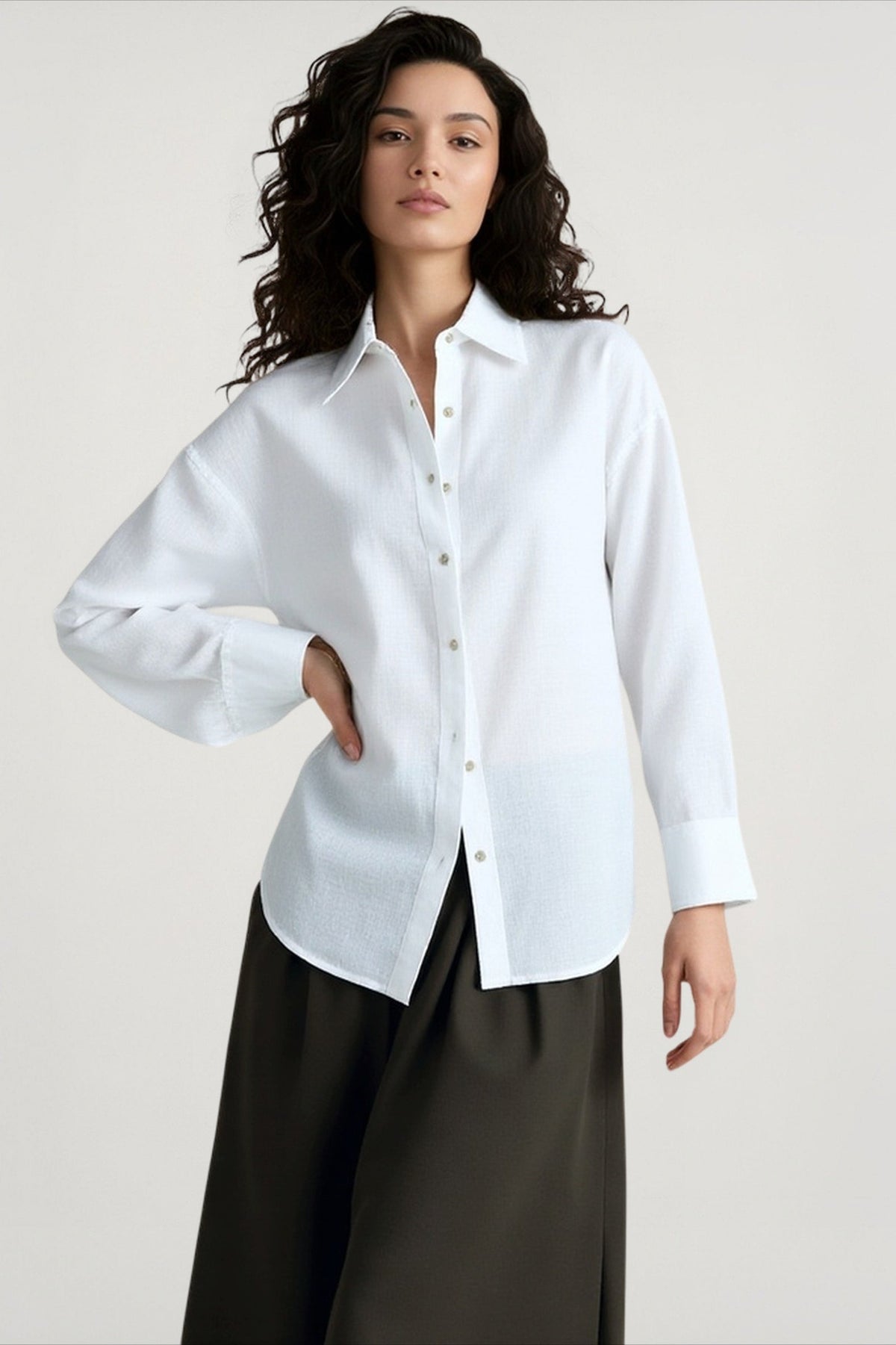 Collared Long Sleeve Wide Cuff Oversized Linen Look Button Down Shirt 2