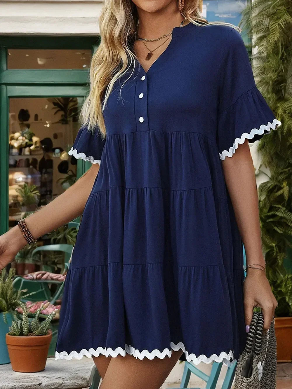 Notched Neck Button Placket Ric Rac Trim Ruffle Sleeve Tiered Mini Dress 5