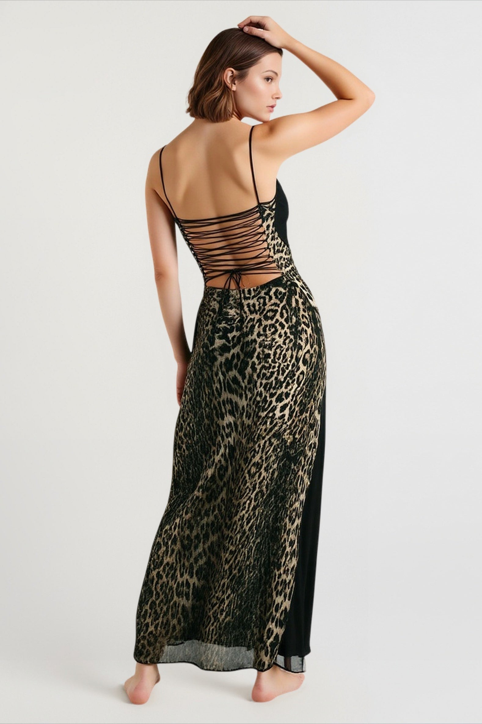 Patchwork Backless Sheer Mesh Midi Dress