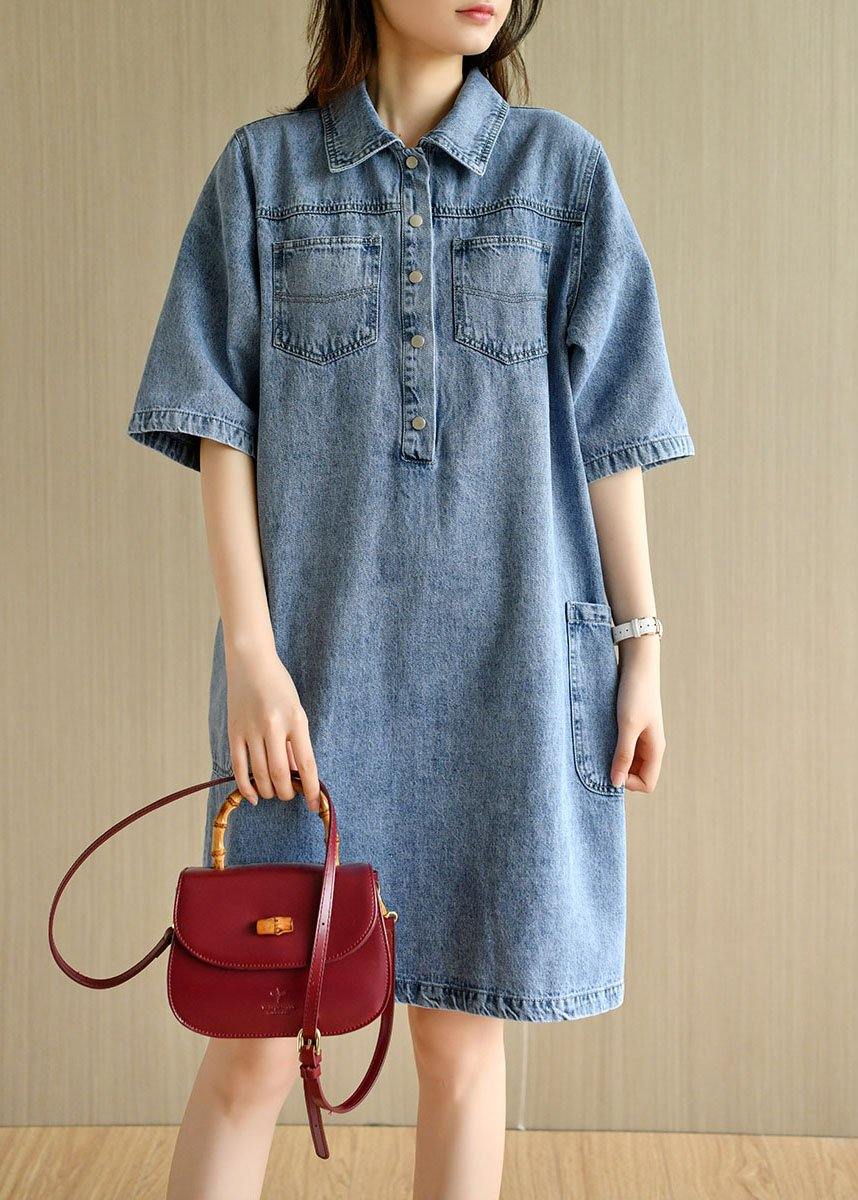 Denim Collared Button Front Patch Pocket Short Sleeve Shift Mini Dress