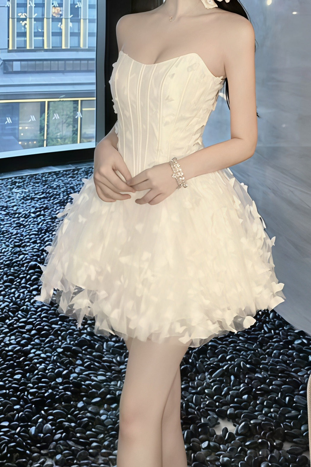 Strapless Corset Butterfly Appliqué Tulle Ruffle Mini Dress