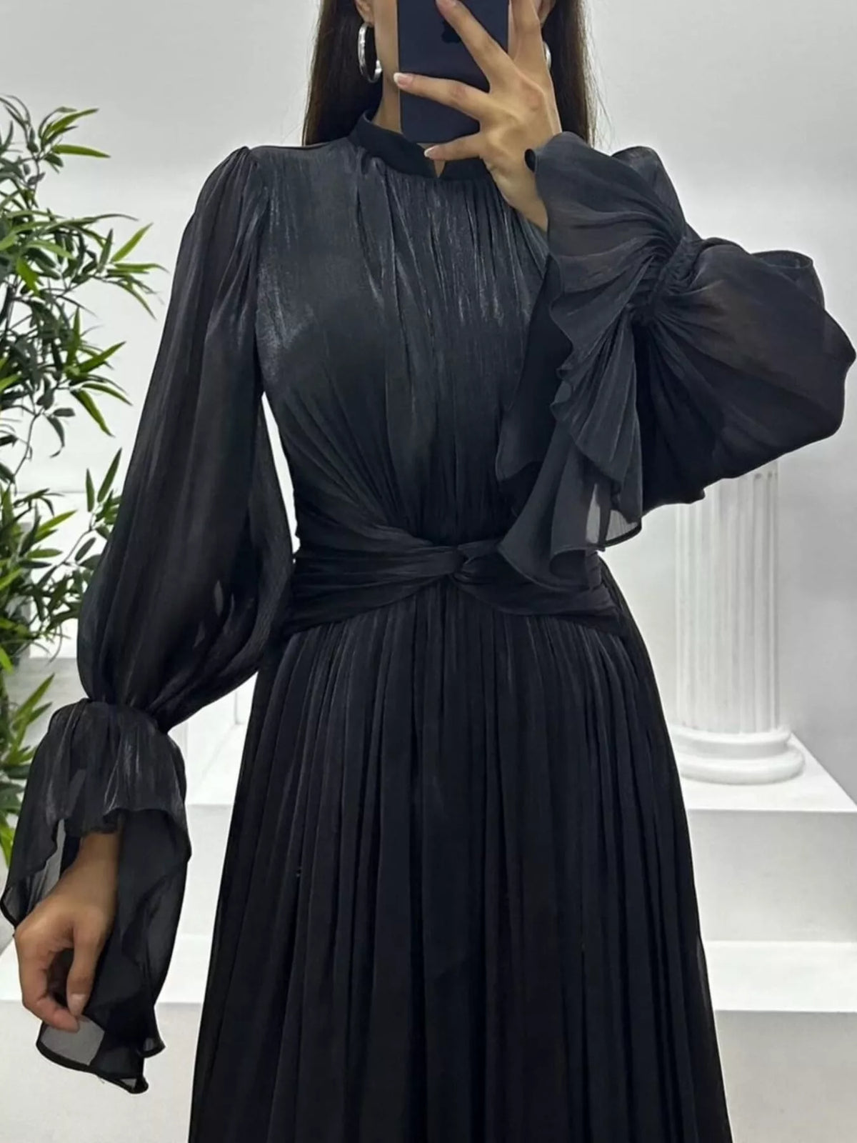 Pleated Satin Mock Neck Flared Bell Sleeve Twist Waist Maxi Gown 19
