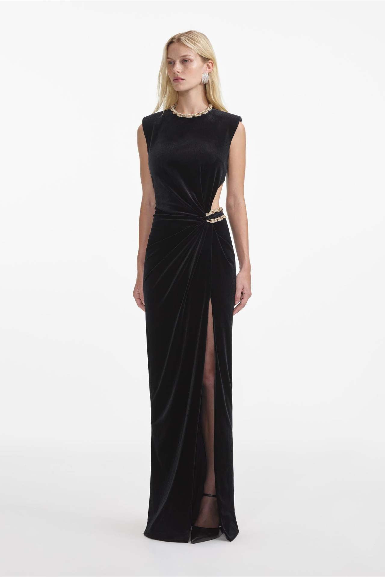 Velvet Crew Neck Cut Out High Split Bodycon Maxi Gown