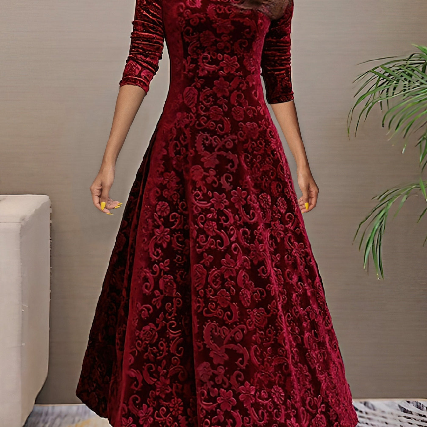 Floral Velvet V-Neck Long Sleeve Fit and Flare Midi Dress 10