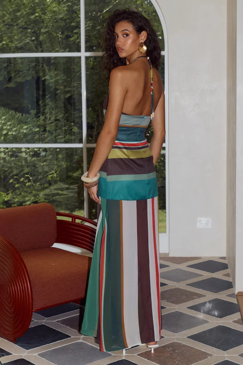 Striped Satin Halter Double High Split Maxi Dress 2