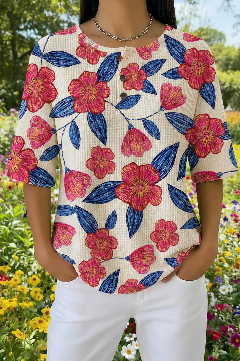 Large Floral Print Waffle Knit Short Sleeve Top