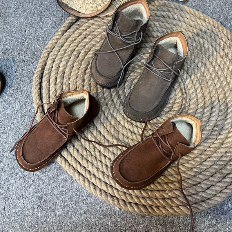 Genuine Leather Soft Flat Boots For Women Round Toe Lace Up Mori Girl Style Wide Fit Grey/Coffee