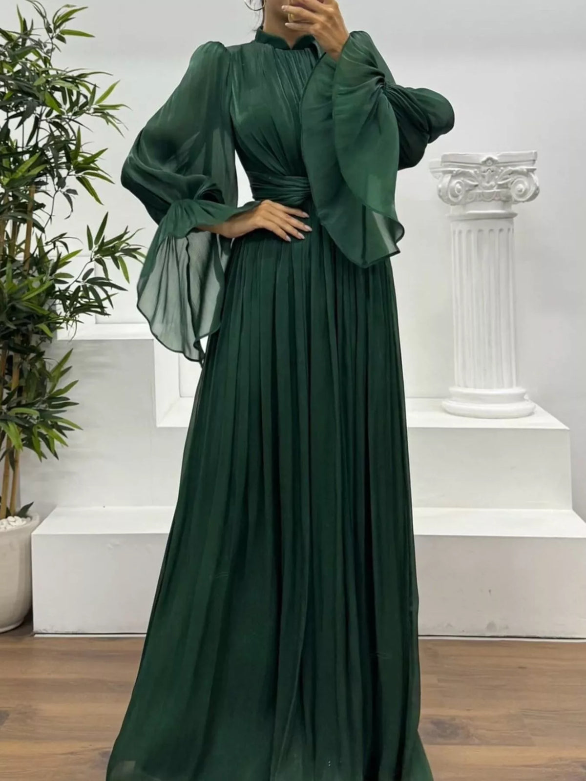 Pleated Satin Mock Neck Flared Bell Sleeve Twist Waist Maxi Gown 14