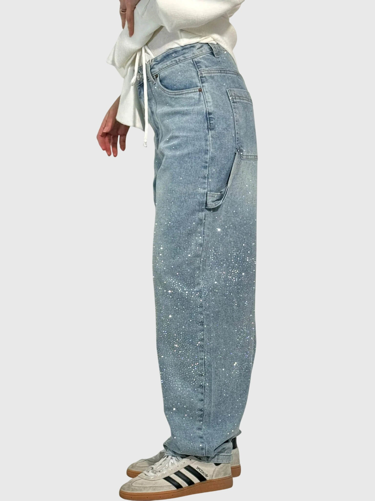 Rhinestone Embellished Wide Leg Cargo Jeans
