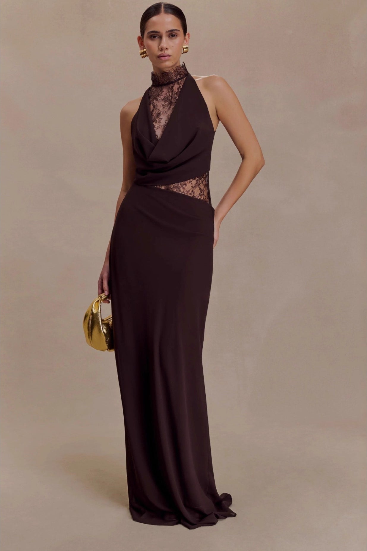 Halter Neck Lace Cut Out Backless Bias Cut Maxi Dress