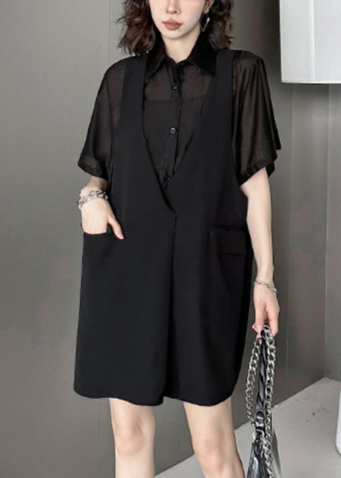Faux Two-Piece Sheer Button Front Shirt Sleeveless Pocket Vest Midi Dress