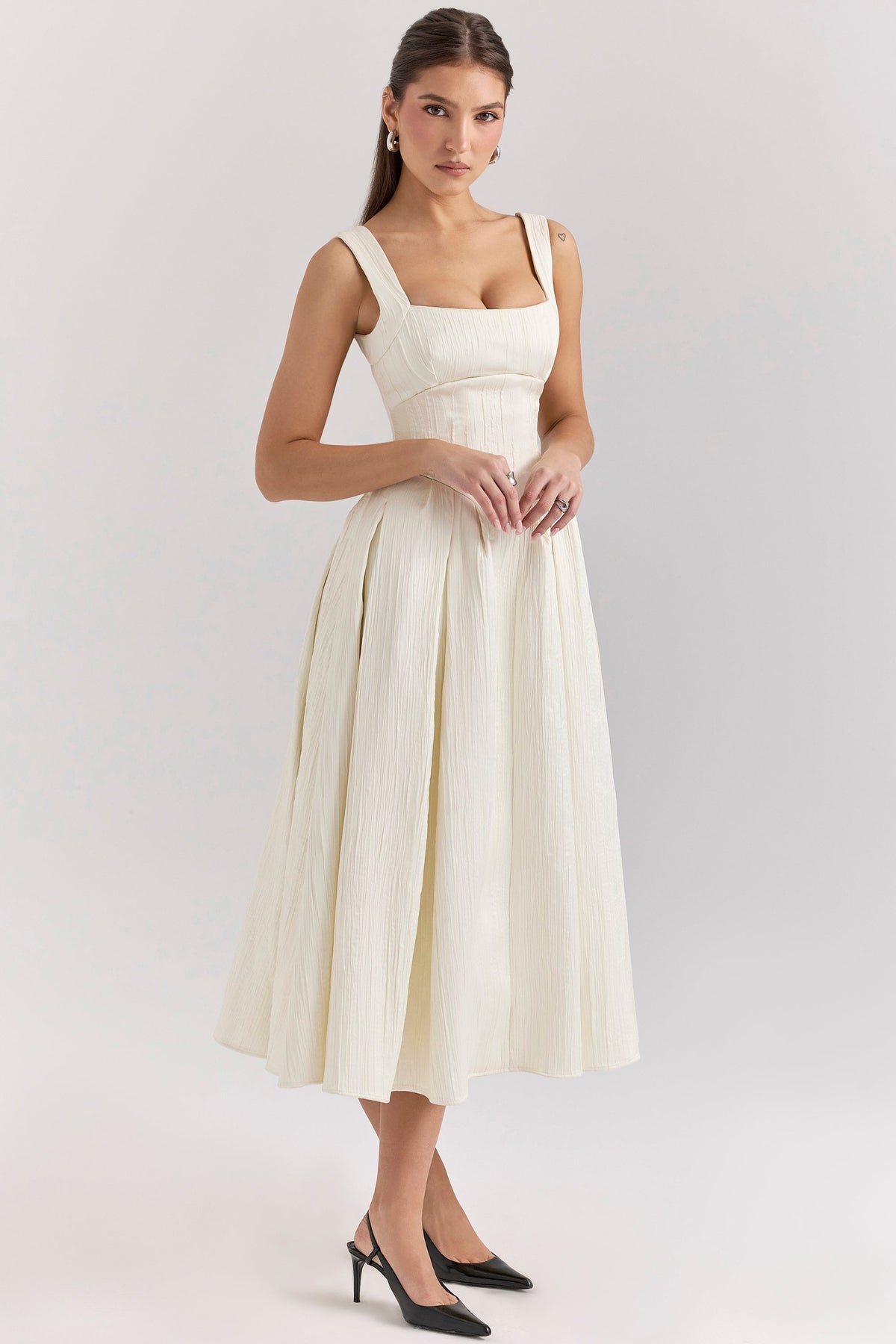 Textured Satin Square Neck Corset Bodice Pleated A-Line Midi Dress 5