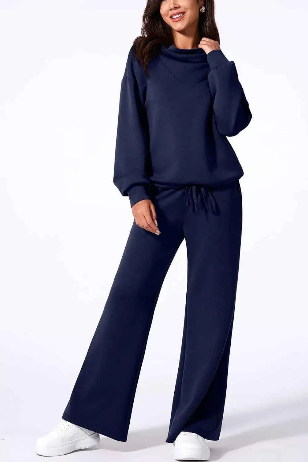 Solid Color Cowl Neck Drawstring Pullover Wide Leg Athleisure Pants Set