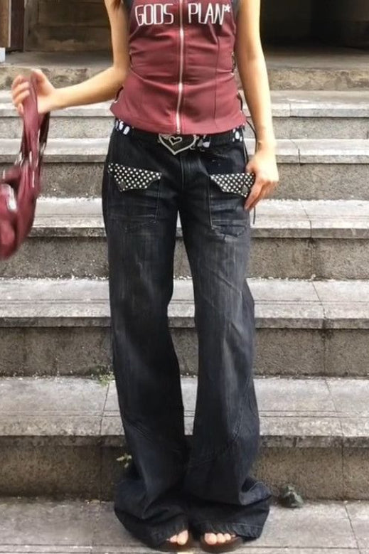 Vintage Washed Distressed Wide-Leg Denim Jeans