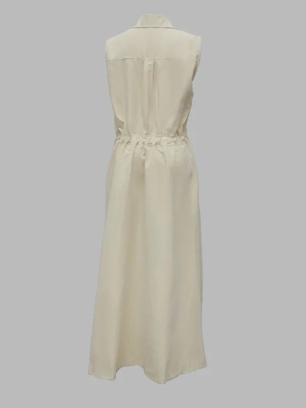 Stand Collar Deep V-Neck Sleeveless Pocket A-Line Midi Dress