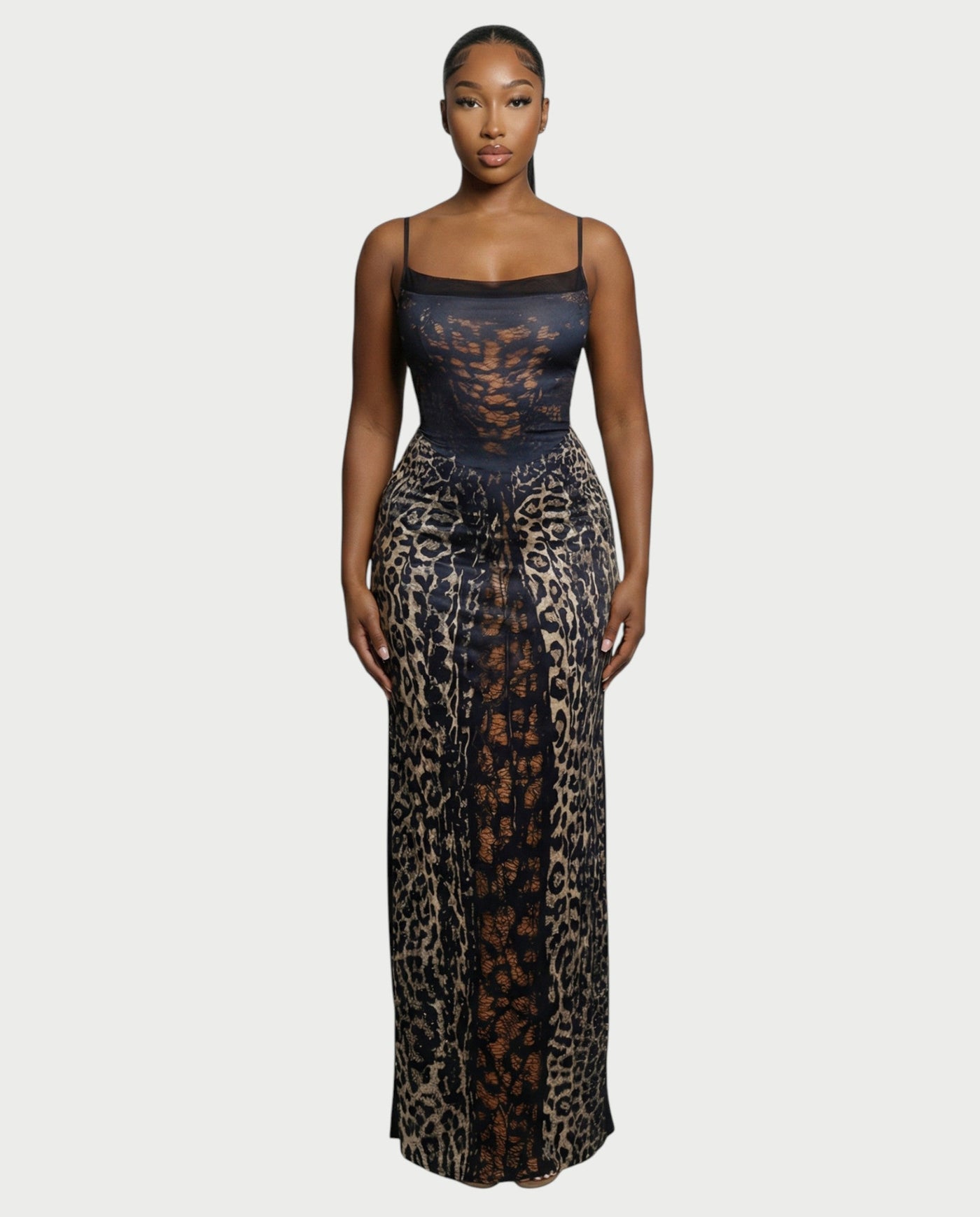 Leopard Print Spaghetti Strap Sheer Maxi Dress