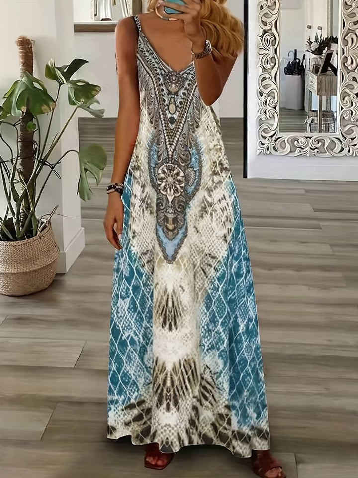 Spaghetti Strap Sleeveless Snakeskin Print Geometric Panel Maxi Dress