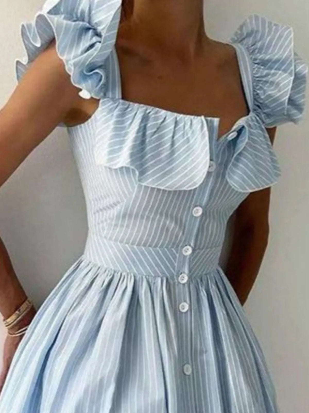 Ruffled Striped Square Neck Dress