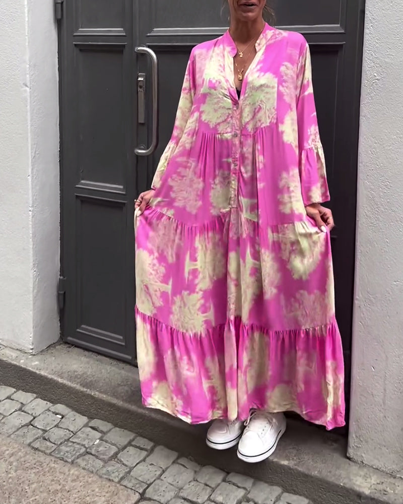 Tie Dye V-Neck Mandarin Collar Button Front Ruffle Cuff Tiered Long Sleeve Maxi Dress