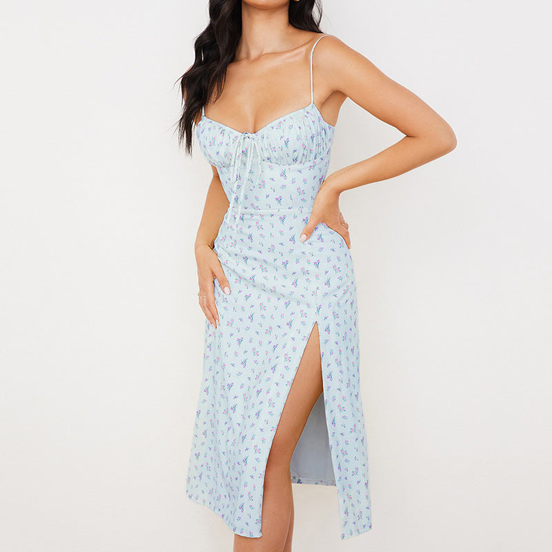 Floral Spaghetti Strap Sweetheart High Split Midi Summer Dress