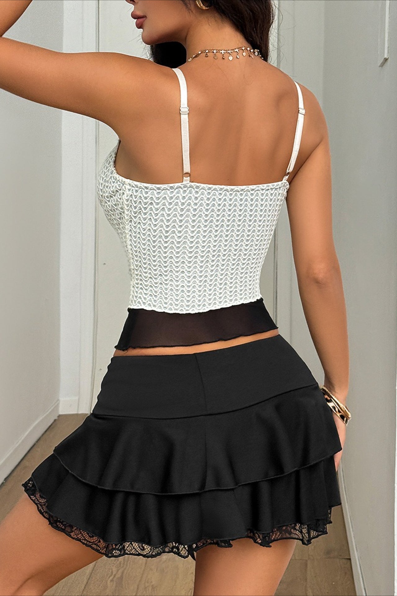 Faux Two Piece Lace Mesh Bow Cami Top