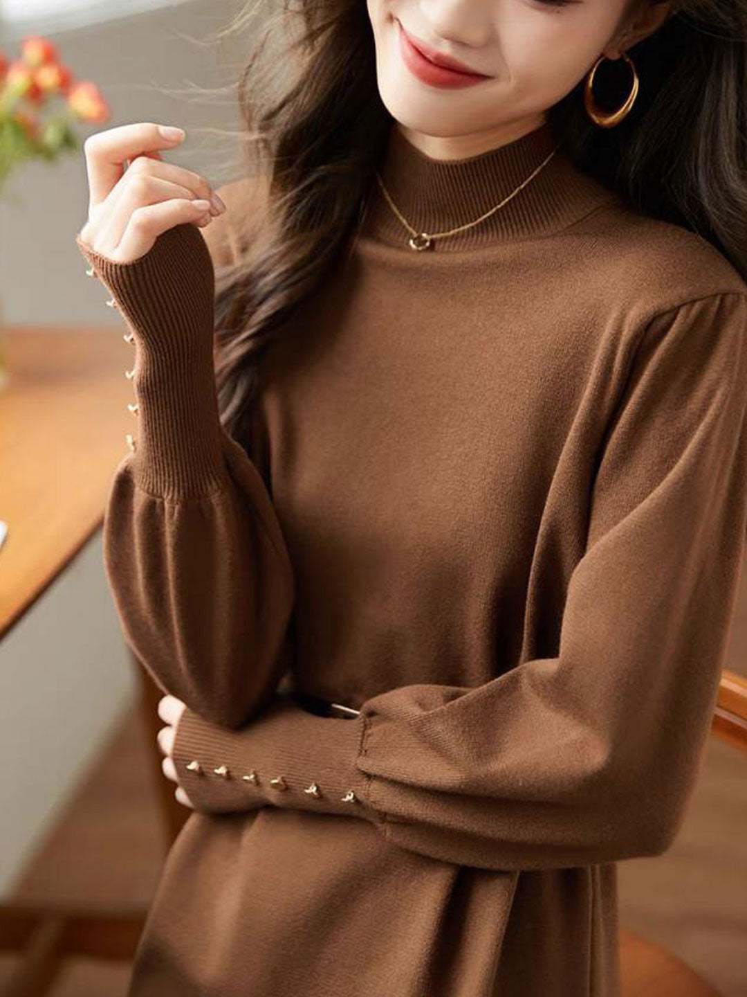 Knit Mock Neck Puff Sleeve Button Cuff Midi Dress