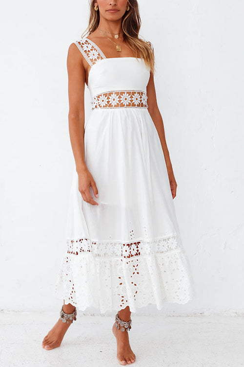 Square Neck Sleeveless Eyelet Lace Crochet Waist Pleated Tiered Ruffle Hem Midi Dress