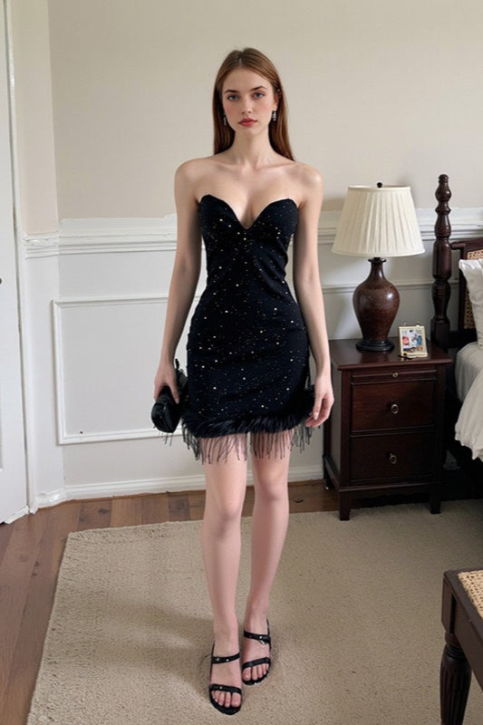 Glitter Strapless Feather Trim Bodycon Mini Dress