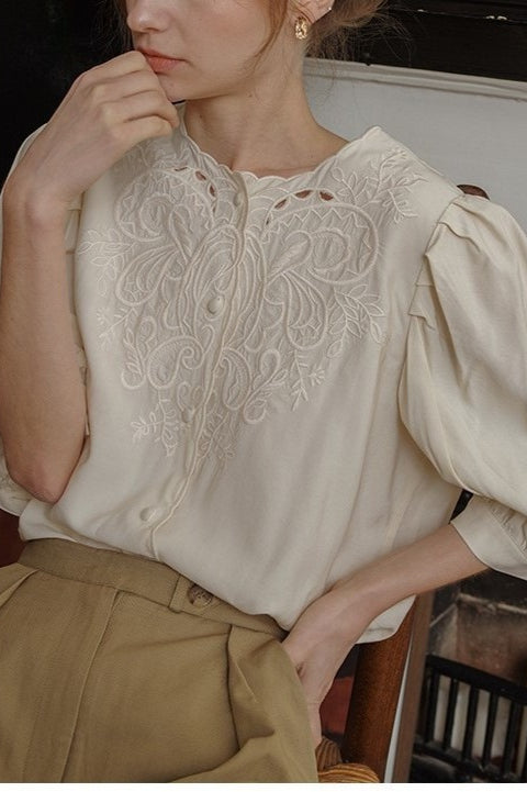 Embroidered Cut Out Puff Half Sleeve Button Front Blouse 4