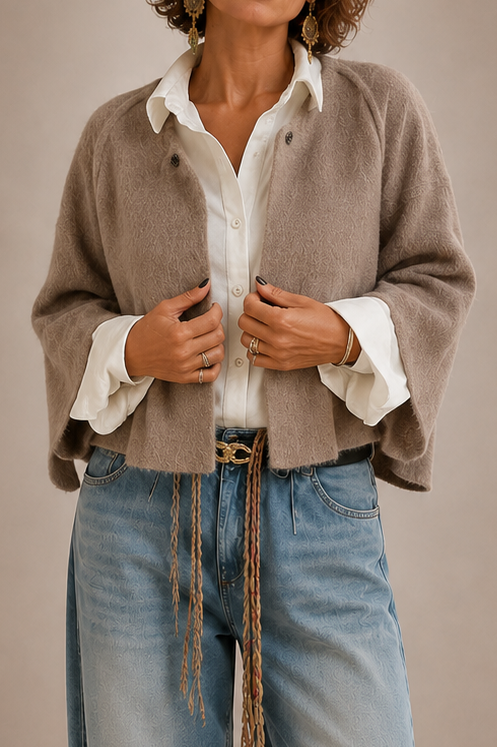 Collared Button Front Textured Knit Cropped Jacket